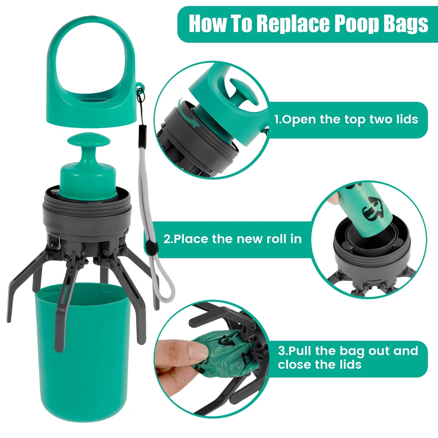 Dog Pooper Scooper Portable Claw Poop Scooper with Built-In Poop Bag Dispenser Lightweight Pet Waste Pick-Up Cleaner Handheld Pet Poop Grabber for Small Medium and Large Dogs Walking